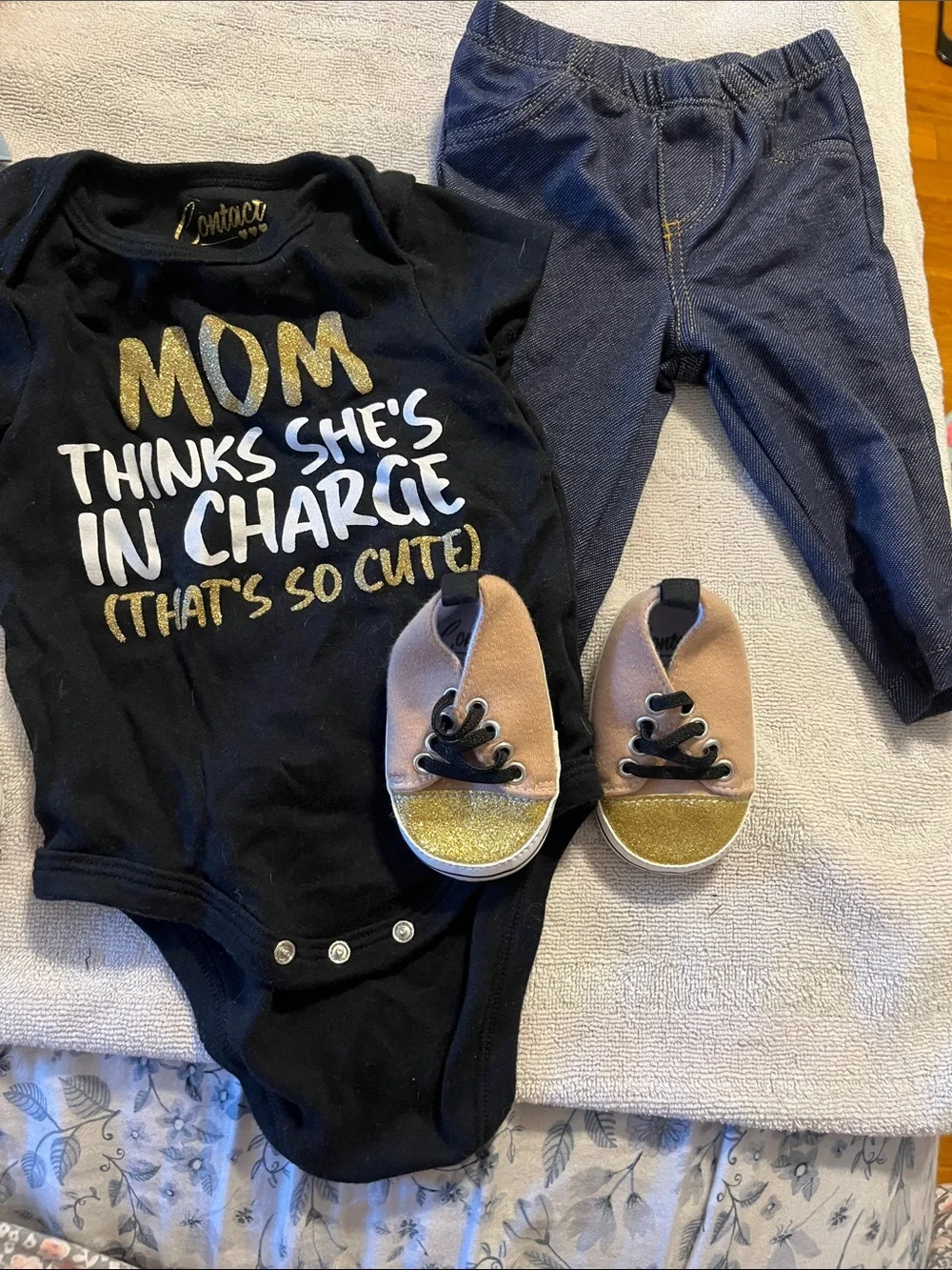 Carter's Black Onesie with Gold Lettering & Tan/Gold Baby Shoes